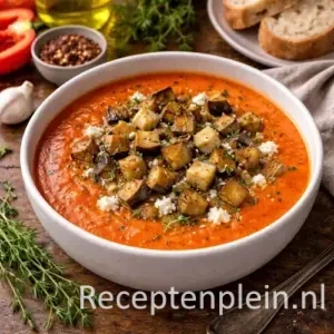 Een kom met helderrode Pittige paprikasoep met aubergine, gegarneerd met goudbruine blokjes aubergine en witte brokjes geitenkaas.