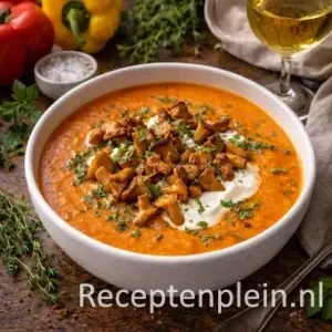 Een bord met heldere, romige Paprika roomsoep met cantharellen, gegarneerd met goudbruin gebakken paddenstoelen en een toefje room.