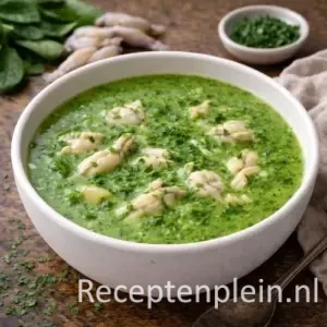 Een diepgroene terrine vol met dampende Kikkerbillensoep met spinazie, gegarneerd met een wolkje room.