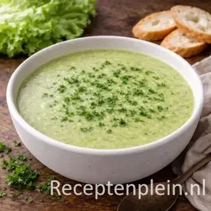 Een bord met een fluweelzachte groene soep tijdens het Slasoep bereiden, gegarneerd met verse kervel en geserveerd met stokbrood.