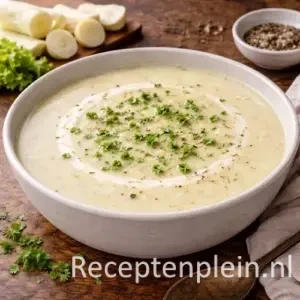 Een witte soepkom met een fluweelzachte vloeistof tijdens het Gebonden palmhartensoep maken, gegarneerd met verse kruiden.