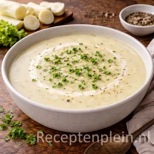 Een witte soepkom met een fluweelzachte vloeistof tijdens het Gebonden palmhartensoep maken, gegarneerd met verse kruiden.