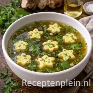 Een diep bord met heldere goudgele Bouillon met omelet, waarin kleine uitgestoken omeletfiguurtjes en verse peterselie drijven.