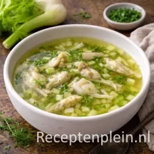 Een kristalheldere kikkerbillensoep met venkel geserveerd in een luxe wit bord, gegarneerd met venkelloof en fijngehakt vlees.