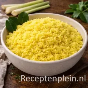 Een schaal met dampende gele rijst tijdens het Nasi Koening maken, gegarneerd met verse kruiden en gebakken uitjes.