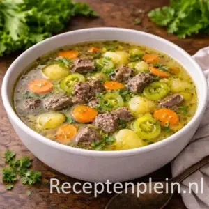 Een pan met heldere vloeistof en blokjes rundvlees tijdens het Bouillonsoep met vlees bereiden met verse kruiden op de achtergrond.