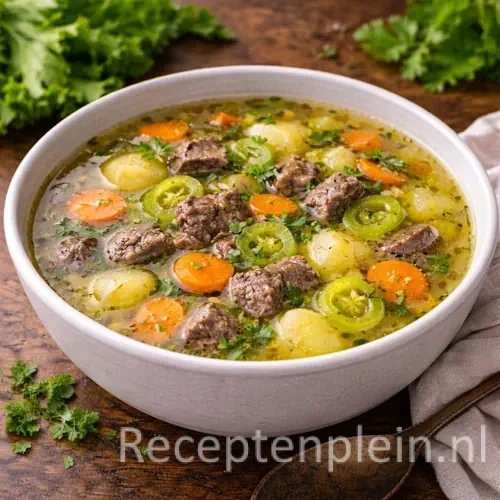 Een pan met heldere vloeistof en blokjes rundvlees tijdens het Bouillonsoep met vlees bereiden met verse kruiden op de achtergrond.