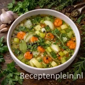 Een grote pan met dampende heldere Bouillon van groenten en kruiden, gevuld met grove stukken wortel, prei en diverse verse kruiden.