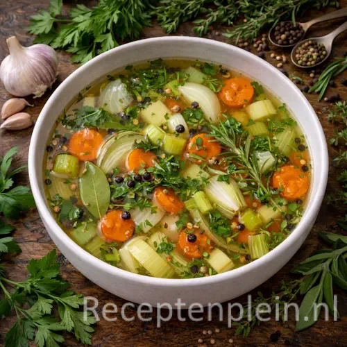 Een grote pan met dampende heldere Bouillon van groenten en kruiden, gevuld met grove stukken wortel, prei en diverse verse kruiden.