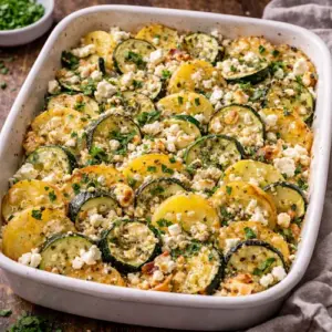 Aardappel courgetteschotel met feta op rustieke houten tafel