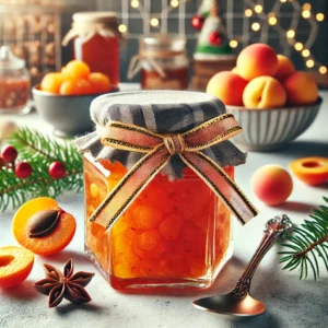 Een feestelijke pot abrikozen- en rozenbotteljam met een vleugje sinaasappellikeur, gepresenteerd in een glazen pot met een decoratieve kerststrik. De jam heeft een warme, rijke oranje kleur en staat in een lichte, moderne keuken met subtiele kerstdecoraties zoals dennentakjes en kaneelstokjes.