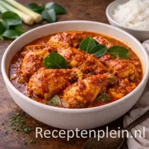 Stukken malse kip in een dieprode kruidige kokossaus tijdens het Pittige Kip in Kokos-Sambalsaus maken.