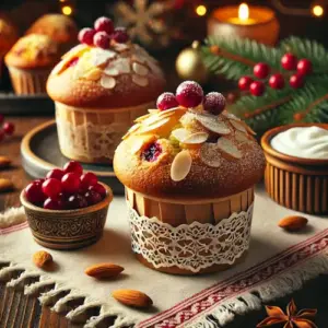 Versgebakken amandel cranberry muffins in muffinvormpjes, bestrooid met amandelschaafsel en poedersuiker, geserveerd op een houten tafel met kerstdecoratie op de achtergrond.