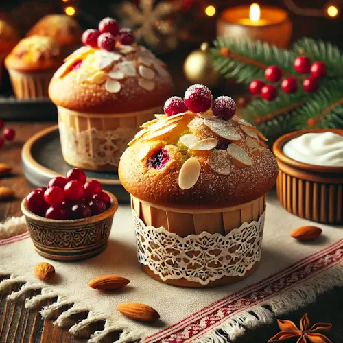 Versgebakken amandel cranberry muffins in muffinvormpjes, bestrooid met amandelschaafsel en poedersuiker, geserveerd op een houten tafel met kerstdecoratie op de achtergrond.