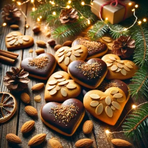 Feestelijke amandel- en gemberkoekjes in hartvorm, goudbruin gebakken en halfgedoopt in een glanzende chocoladelaag. De koekjes liggen op een rustieke houten tafel, omringd door dennenappels, takjes groen en zachte kerstverlichting, wat een warme en gezellige kerstsfeer creëert. 🎄❤️✨