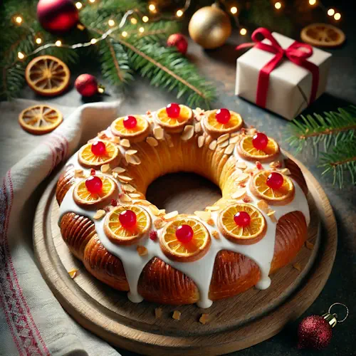 Een feestelijke amandelkrans op een houten serveerplank, geglazuurd en gegarneerd met rode kersen en gekonfijte sinaasappelschil, omringd door kerstdecoratie zoals dennentakken en lichtjes.