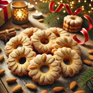 Gouden, ronde amandelkransjes met greinsuiker en geschaafde amandelen liggen feestelijk gerangschikt op een houten tafel, omringd door subtiele kerstversieringen zoals dennennaalden en een brandend kaarsje.