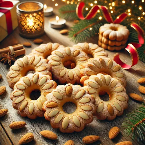 Gouden, ronde amandelkransjes met greinsuiker en geschaafde amandelen liggen feestelijk gerangschikt op een houten tafel, omringd door subtiele kerstversieringen zoals dennennaalden en een brandend kaarsje.