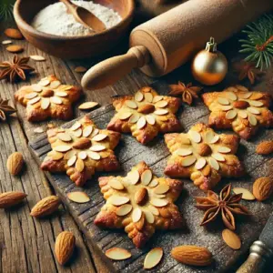 Stervormige amandelkoekjes met geschaafde amandelen, goudbruin gebakken op een houten ondergrond in een feestelijke kerstsfeer.