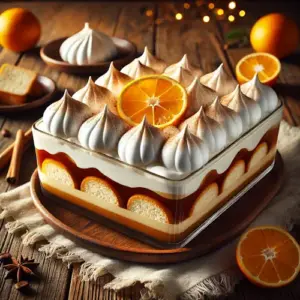Een feestelijk Spaans dessert in een glazen schaal met lagen koffieroom, lange vingers en meringue, gegarneerd met sinaasappelschijfjes op een houten tafel.