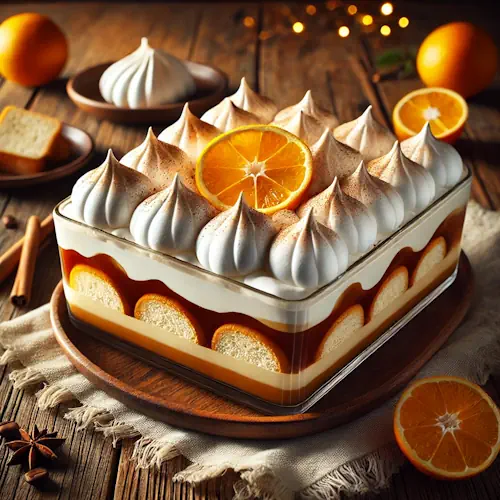 Een feestelijk Spaans dessert in een glazen schaal met lagen koffieroom, lange vingers en meringue, gegarneerd met sinaasappelschijfjes op een houten tafel.