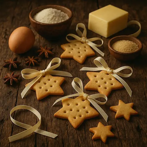 Goudbruine anijs kerstkoekjes in stervorm met strikjes, omringd door ingrediënten en warme sfeerverlichting.