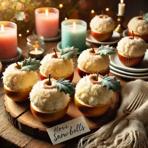 Feestelijke appel sneeuwballen bedekt met crème en kokos, geserveerd op een rustieke kersttafel met hulstblaadjes en kaarsen in roze en blauwe houders.