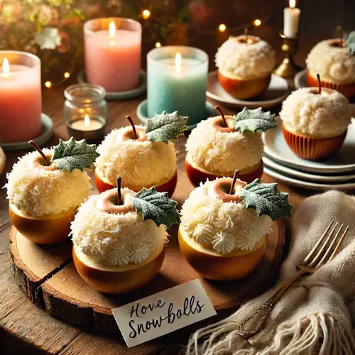 Feestelijke appel sneeuwballen bedekt met crème en kokos, geserveerd op een rustieke kersttafel met hulstblaadjes en kaarsen in roze en blauwe houders.