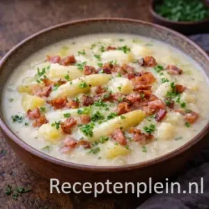 asperge aardappelsoep met spekjes op een rustieke houten tafel.