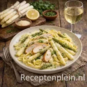Asperges met gekookte tagliatelle en gerookte kip op een rustieke houten tafel, uitgezoomd met zichtbaar glas witte wijn en verse ingrediƫnten ernaast