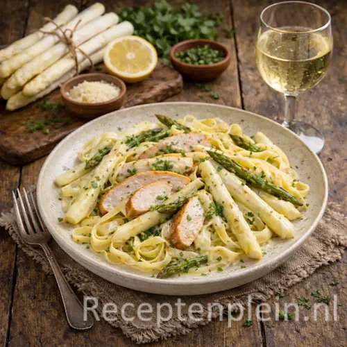 Asperges met gekookte tagliatelle en gerookte kip op een rustieke houten tafel, uitgezoomd met zichtbaar glas witte wijn en verse ingrediënten ernaast