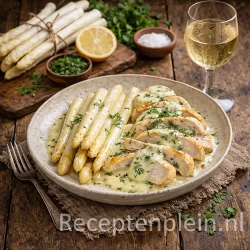 Asperges met kip uit Denemarken op een rustieke houten tafel, uitgezoomd met zichtbaar glas witte wijn, verse asperges en citroen ernaast