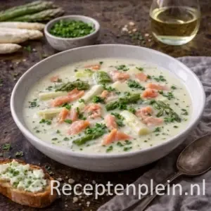 Aspergesoep met Zalmreepjes op een rustieke houten tafel.