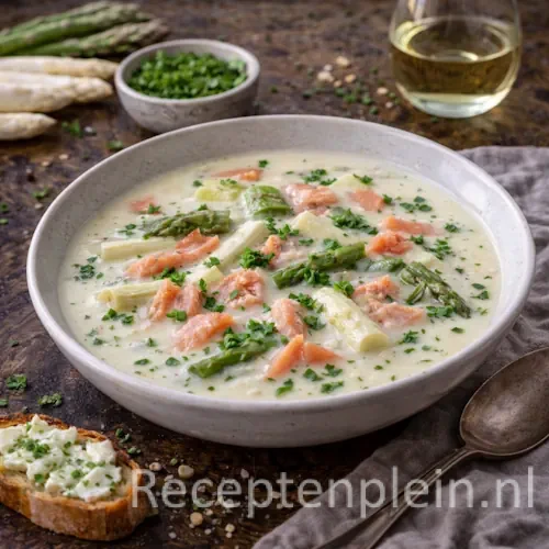 Aspergesoep met Zalmreepjes op een rustieke houten tafel.