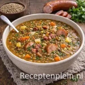 Authentieke Duitse linzensoep met spek en rookworst in een kom op een rustieke houten tafel, uitgezoomd met linzen, rookworst en verse kruiden ernaast