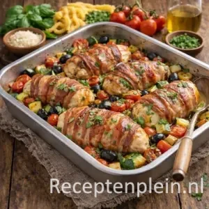 Baconkip met Italiaans garnituur uit de oven in een ovenschaal op een rustieke houten tafel, uitgezoomd met geroosterde groenten en verse kruiden ernaast