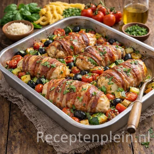 Baconkip met Italiaans garnituur uit de oven in een ovenschaal op een rustieke houten tafel, uitgezoomd met geroosterde groenten en verse kruiden ernaast