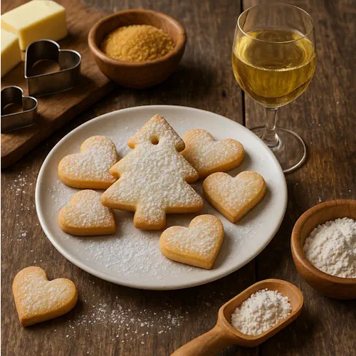Boterachtige kerstkoekjes in kerstboom- en hartjesvorm, met poedersuiker bestrooid, op een houten tafel met ingrediënten en een glas dessertwijn.