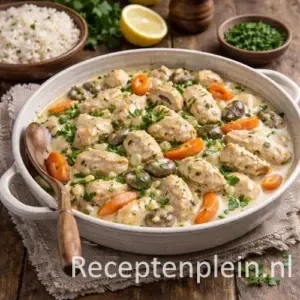 Blanquette van kip met romige saus en groenten in een schaal op een rustieke houten tafel, uitgezoomd met rijst en verse kruiden ernaast