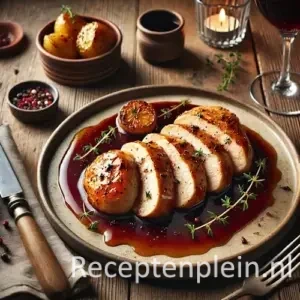 Hyper-realistische foodfoto van in plakken gesneden kipfilet met een glanzende donkerrode portsauce, geserveerd op een matte stenen schaal op een rustieke houten tafel. De compositie is licht uitgezoomd zodat de houtstructuur duidelijk zichtbaar is. De kip heeft een goudbruine aanbaklaag en is gegarneerd met verse tijm en grofgemalen peper. Rondom staan een schaaltje geroosterde krieltjes, een glas rode wijn zonder etiket, een linnen servet en bestek, sfeervol belicht met warm avondlicht voor een elegante premium food magazine uitstraling.