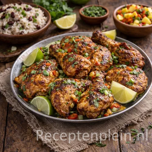 Caribische kip op een rustieke houten tafel, uitgezoomd met rijst, mangosalsa en partjes limoen ernaast