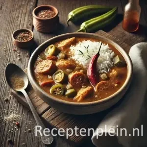 Natuurgetrouwe foodfoto van chicken gumbo in een eenvoudige keramische kom op een rustieke houten tafel. De donkerbruine roux-stoof bevat stukken kip, plakjes worst, okra en groenten zoals paprika en selderij, met een kleine portie witte rijst die deels in de saus zakt. Het oppervlak is licht ongelijk zonder overdreven glans, met subtiele spatten op de rand. Een metalen lepel, een nonchalant gevouwen linnen doek en een flesje hete saus zonder label staan op de houten tafel, zacht belicht door natuurlijk raamlicht in warme, aardse tinten.
