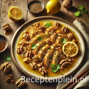 Hyperrealistische foodfoto van in plakken gesneden kipfilet in een glanzende goudgele citroensaus, bestrooid met geroosterde walnoten en dunne slierten citroenzest, geserveerd op een rustiek keramisch bord op een houten tafel. Op de achtergrond liggen halve citroenen, hele walnoten, eetstokjes en een linnen servet in warm natuurlijk daglicht met zachte schaduwen.