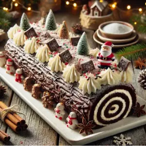 Chocolade kerststronk op rustieke tafel