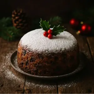 Rijke kerstcake met poedersuiker en hulstblad, geserveerd in een sfeervolle, feestelijke setting.
