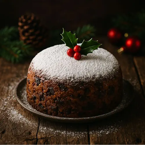 Rijke kerstcake met poedersuiker en hulstblad, geserveerd in een sfeervolle, feestelijke setting.