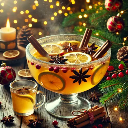 Een glazen punchkom gevuld met warme cider punch, gegarneerd met citroenschijfjes en ananas, op een rustieke houten tafel met kerstversiering zoals dennentakken, kaneelstokjes en lichtjes.