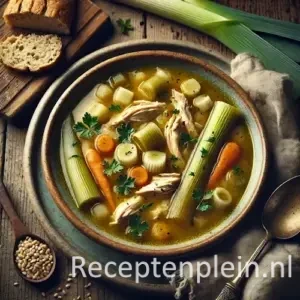 Hyperrealistische foodfoto van traditionele Cock-a-leekie soep in een diepe aardewerken kom op een rustieke houten tafel, licht uitgezoomd zodat het tafelblad duidelijk zichtbaar is. De heldere goudkleurige bouillon bevat stukjes kip, dikke ringen prei, wortel en gerst, afgewerkt met verse peterselie. Naast de kom liggen een snee rustiek brood, een metalen lepel, rauwe preien en een linnen doek in warm natuurlijk daglicht met een premium foodmagazine uitstraling.