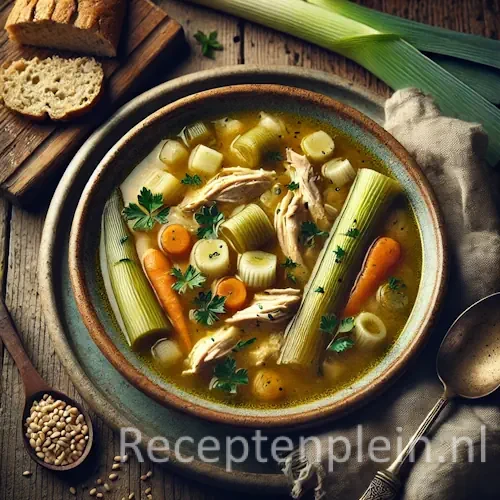 Hyperrealistische foodfoto van traditionele Cock-a-leekie soep in een diepe aardewerken kom op een rustieke houten tafel, licht uitgezoomd zodat het tafelblad duidelijk zichtbaar is. De heldere goudkleurige bouillon bevat stukjes kip, dikke ringen prei, wortel en gerst, afgewerkt met verse peterselie. Naast de kom liggen een snee rustiek brood, een metalen lepel, rauwe preien en een linnen doek in warm natuurlijk daglicht met een premium foodmagazine uitstraling.