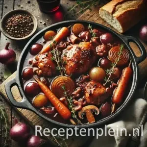 Hyperrealistische foodfoto van Coq au vin geserveerd in een zware gietijzeren braadpan op een rustieke houten tafel, licht uitgezoomd zodat het tafelblad zichtbaar is. De kip is gestoofd in een diepe roodbruine wijnsaus met pareluitjes, wortels, spekjes en champignons, gegarneerd met takjes tijm. Op tafel liggen een stokbrood, rode ui, peperkorrels, een linnen doek en een glas rode wijn in warm, sfeervol natuurlijk licht met een rustieke Franse plattelandsuitstraling en premium foodmagazine stijl.